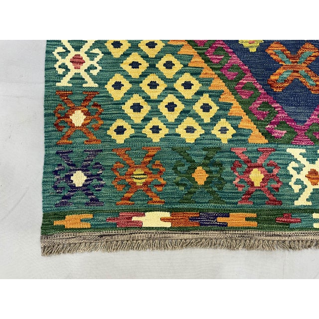 4'5" X 5'10" Green Afghan Chobi Kazak Geometric Wool Flatweave Kilim Rug For Sale - Image 12 of 16