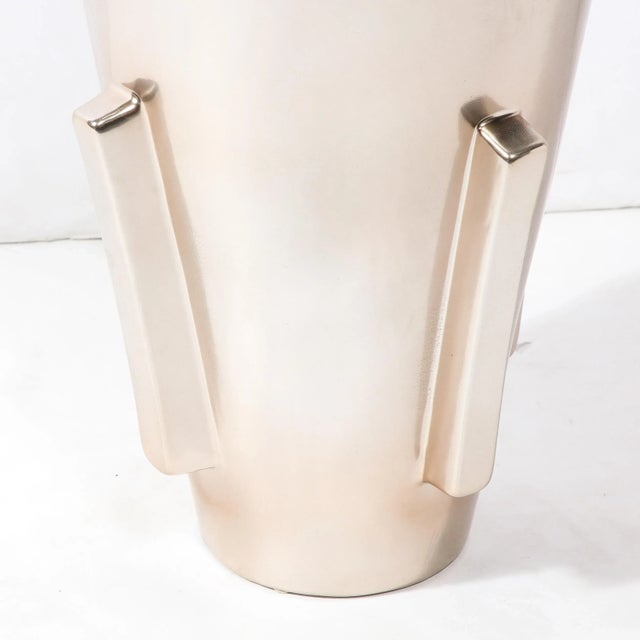 Late 20th Century Modernist Urn Form Ceramic Vase With Rectilinear Detailing & Platinum Glaze For Sale - Image 4 of 9