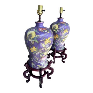 Pair of 1970s Lavender Chinoiserie Lamps With Attached Rosewood Bases Marked Hong Kong For Sale
