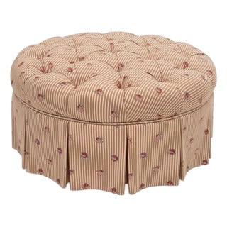 Connecticut Home Interiors Custom Floral and Striped Upholstered Round Tufted Ottoman For Sale