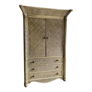 Mid 20th Century Solid Wood & Woven Rattan Tropical Style Armoire For Sale