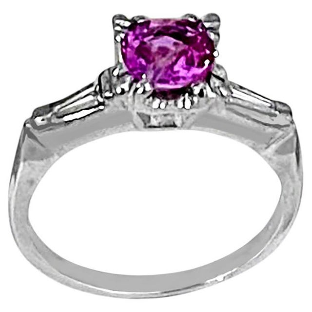 1 Ct Round Pink Sapphire 2 Baguettes Diamond in Platinum Ring, Estate For Sale - Image 15 of 18