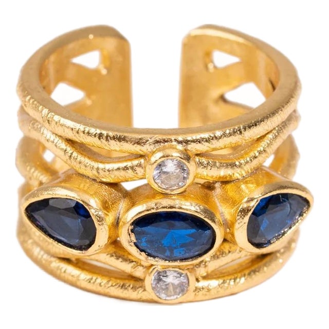 Sapphire & Diamond Regal Adjustable Gold Ring, Size 4 For Sale