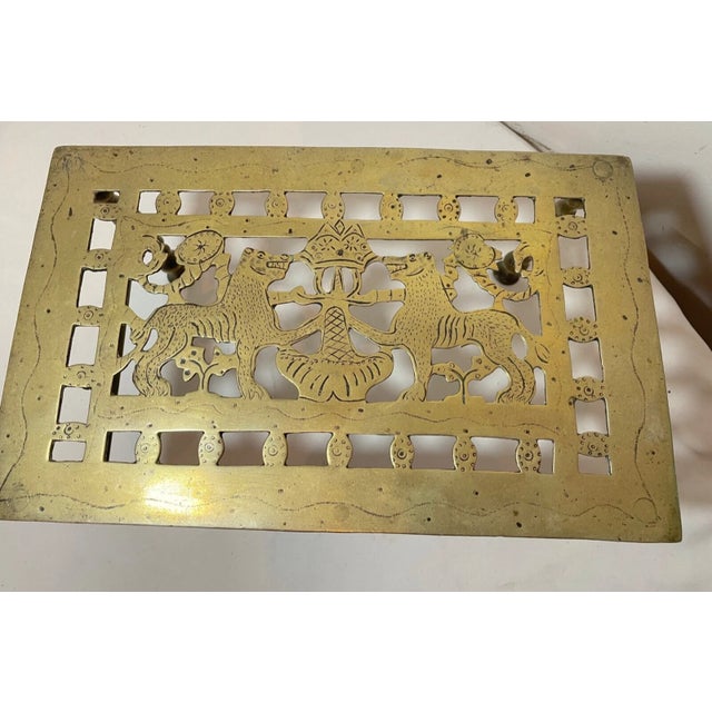Gothic Rare Antique 18th Century Engraved Pierced Brass Lion Fireplace Footman Trivet For Sale - Image 3 of 15