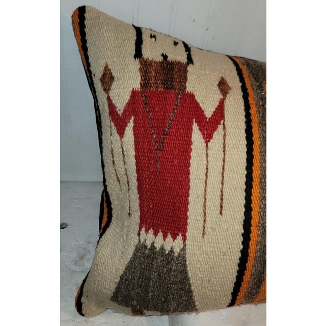 This amazing weaving bolster pillow is most unusual with the geometric pattern in between The Yei Dancers.The backing is...