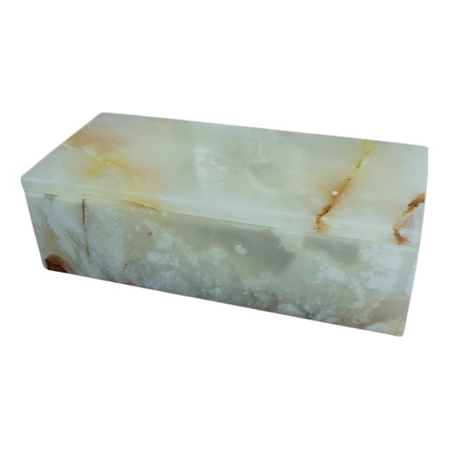 Vintage White Onyx Jewelry Box, Hand-Carved Stone Keepsake Box For Sale