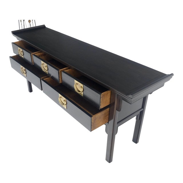 Black Lacquer Asian Inspired Horse Shoe Handles 5 Drawers Rolled Edges Sideboard For Sale