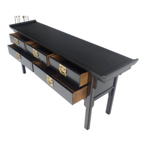 Black Lacquer Asian Inspired Horse Shoe Handles 5 Drawers Rolled Edges Sideboard