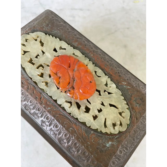Rare Chinoiserie 19th Century Carved Jade and Carnelian Copper Box For Sale In New York - Image 6 of 10