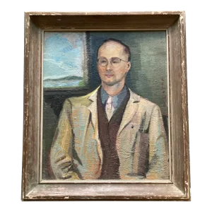 1930’s Original Pre-War Rustic Cross Eyed Doctor Portrait Painting in Original Frame