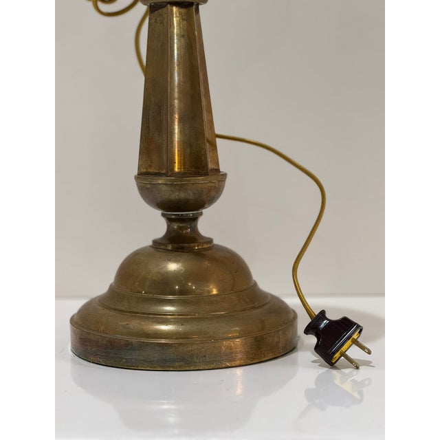 American Mid 20th Century Brass and Glass Converted Kerosene Lamp With Silk Cord – Solid Heavy Base For Sale - Image 3 of 13