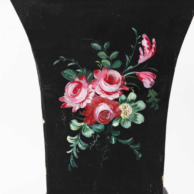 Black Vintage Black Hand-Painted Metal Cachepot/Flower Pot/Wastebasket With Floral Design For Sale - Image 8 of 12
