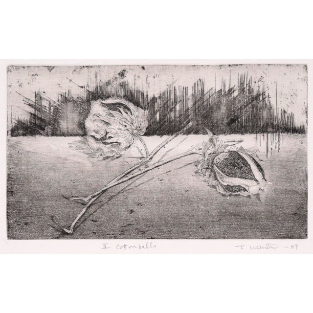 Abstracted drypoint etching by Tomoya Uchida (Japanese, 20th Century). Two cottonballs on the stalk sit in a minimalist...
