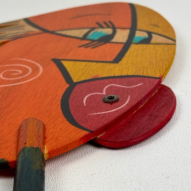 Wood Vintage Whimsical Painted Wood Art Face Sculpture/Mask on a Stick For Sale - Image 7 of 7