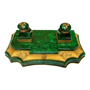 Early 20th-C. French Gilt Bronze and Malachite Desk Pen Inkwell / Inkstand