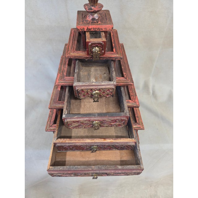 Vintage Sumatra, Indonesia Lacquer Pyramid Shaped Jewelry Box With Five Drawers For Sale - Image 10 of 13