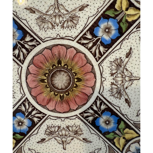 Antique English Glazed Ceramic Tiles With Florals, Polychrome Transfer Decoration, Set of 3 For Sale - Image 4 of 7