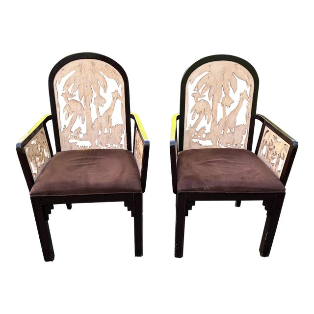 Carved Palm Tree and Animals Armchairs - Set of 2 For Sale