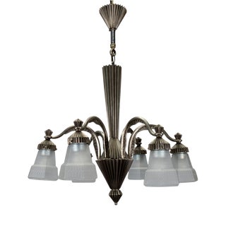 Art Deco French Bronze and Frosted White Glass Six-Light Chandelier, 1930s For Sale