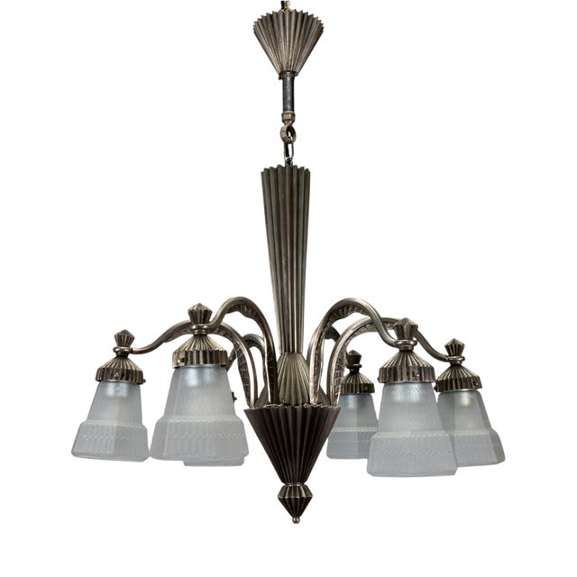 Art Deco French Bronze and Frosted White Glass Six-Light Chandelier, 1930s For Sale
