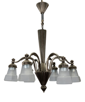 Art Deco French Bronze and Frosted White Glass Six-Light Chandelier, 1930s