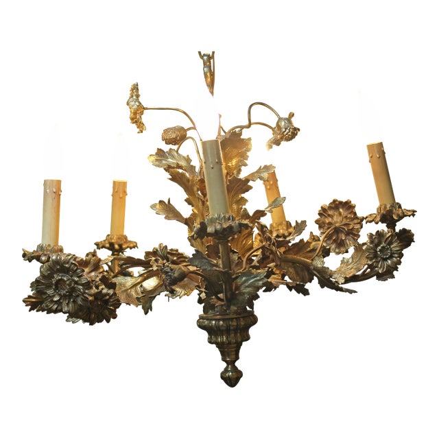 Late 19th-early 20th century bronze 5-light chandelier, French. Exuberant Rococo style with a multitude of different...