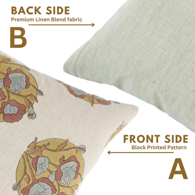 Fabdivine Linen Blend Handmade Block Print Pillow Cover, Sandhya Pushp- 20x20 Inch For Sale - Image 4 of 5