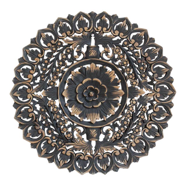 Vintage Antique Burn Carved Boho Medallion Wall Panel 24" For Sale