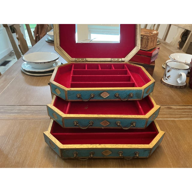 Mid-Century Modern Mid 20th Century Italian Florentine Style Teal & Gold Gilt Jewelry Chest - Made in Japan For Sale - Image 3 of 8