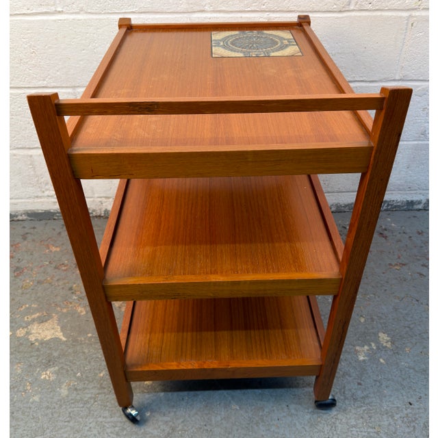 Mid Century Danish Teak Bar Cart With Tile Insert by BRDR. Furbo, Attributed For Sale In New York - Image 6 of 13