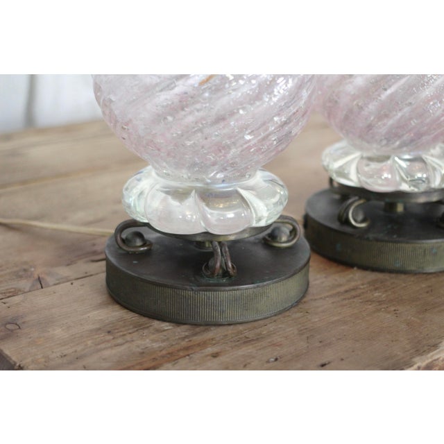 1950s Barovier Toso Murano Glass Lamp Pair With Pleated White Shades For Sale - Image 10 of 18