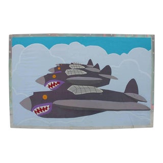 1970s Abstracted Silk Applique Flying Tiger Jets Modern Tapestry in Lucite Frame For Sale