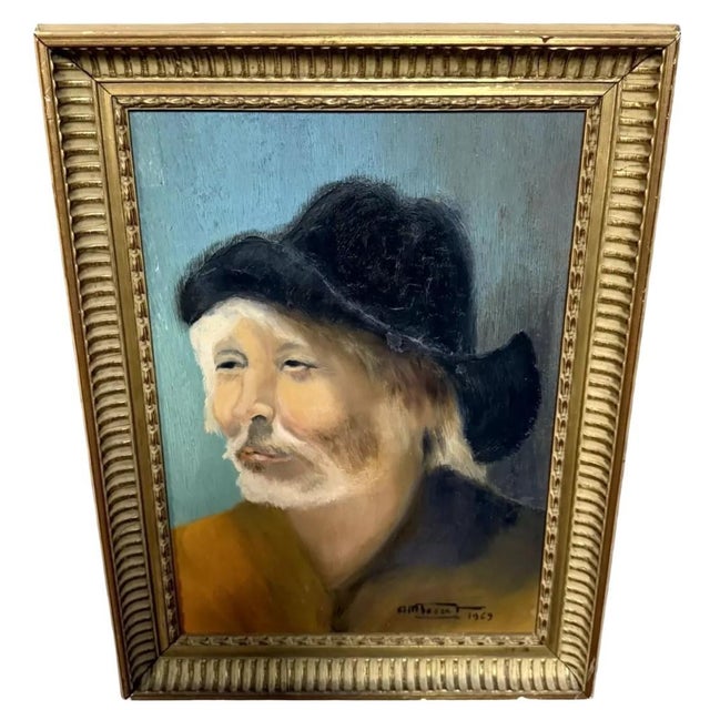 Maurice Terrot, Portrait of a Chinese Man in a Black Hat, 1960s, Oil on Canvas For Sale - Image 3 of 4