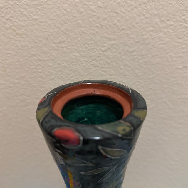Vintage Art Nouveau Style Studio Pottery Vase – Hand-Painted Floral & Geometric Twin-Handled Ceramic Vase For Sale - Image 4 of 10