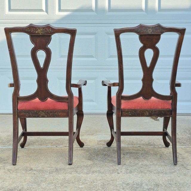 Mid-20th Century Vintage Lane Rustic Floral Paint Decorated Walnut Arm Chairs, a Pair For Sale - Image 11 of 18