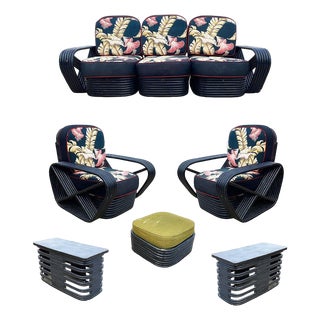 1950s Restored Black Frankl Style 6-Strand Square Pretzel Rattan Sofa Lounge Chair Set For Sale