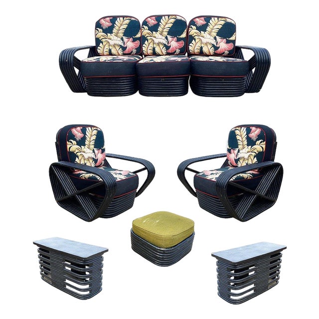 1950s Restored Black Frankl Style 6-Strand Square Pretzel Rattan Sofa Lounge Chair Set For Sale