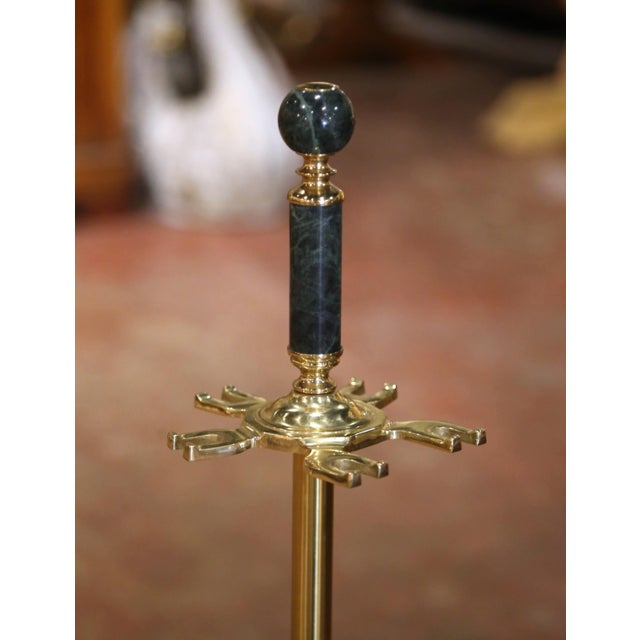 Mid-Century French Brass and Green Marble Five-Piece Fireplace Tool Set For Sale In Dallas - Image 6 of 9