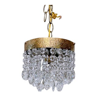 Vintage Brass Embossed Crystal Chandelier With Cascading Swedish Cut Prisms For Sale