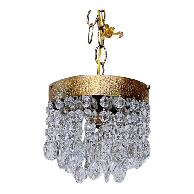 Vintage Brass Embossed Crystal Chandelier With Cascading Swedish Cut Prisms For Sale