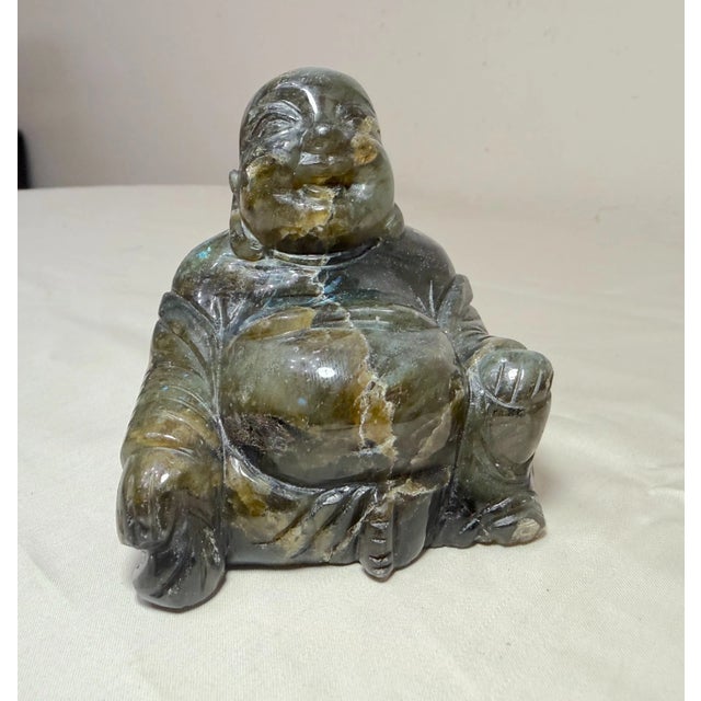 Figurative Vintage Hand Carved Natural Labradorite Crystal Stone Buddha Sculpture Statue For Sale - Image 3 of 15