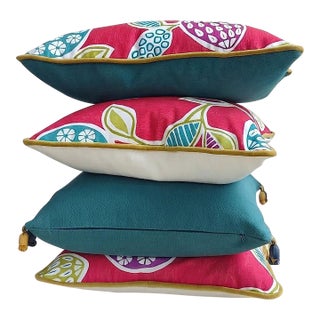 Vibrant Cottagecore Charm: Hana Chess in Ruby + Romo Miro in Beijing Blue + Down-Feather Filled Pillows = a Set of 4 For Sale