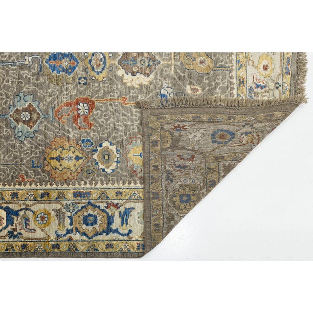 Modern Modern Oushak Style Hand-Knotted Wool Area Rug in Taupe Grey With Vibrant Floral For Sale - Image 3 of 12