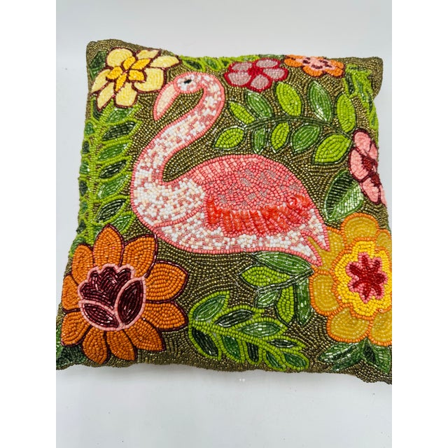 1980s Vintage Beaded Flamingo Pillow For Sale - Image 5 of 5
