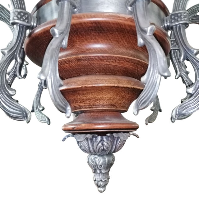 Metal Baroque Style 15-Light Chandelier in Metal and Wood, 1950s For Sale - Image 7 of 9