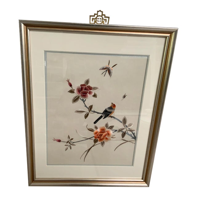 1970s Vintage Framed Asian Hand Embroidered Silk Art For Sale