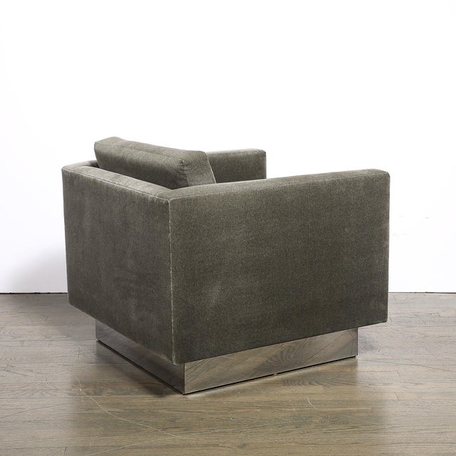 Metal Pair of Mid-Century Biscuit Tufted Cube Chairs W/ Chrome Wrapped Base in Mohair For Sale - Image 7 of 10