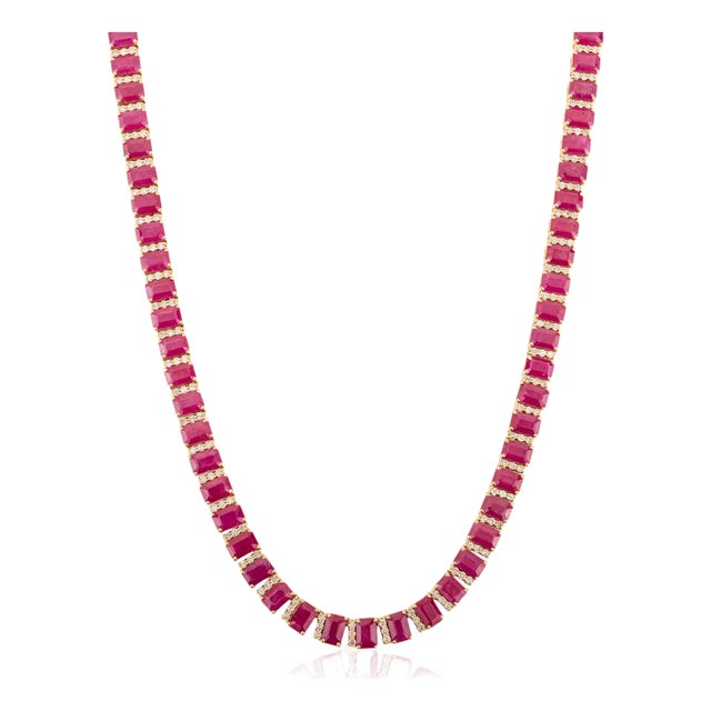 VRJewels Luxury 50.19 Ct Ruby & 3.06 Ct Diamond Tennis Necklace in 14k Yellow Gold For Sale