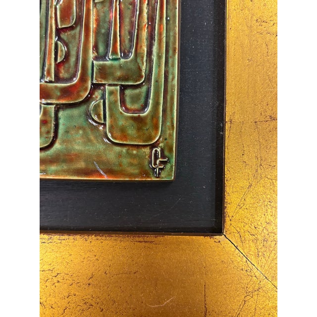 1960s 1960s Mid-Century Modern Signed Ceramic Relief Wall Art, Gold Leaf Frame For Sale - Image 5 of 5