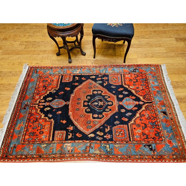 Textile Vintage Persian Malayer Tribal Area Rug, Hand-Knotted Wool, Geometric Pattern, 4x6, Terracotta & Blue For Sale - Image 7 of 16